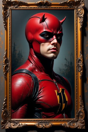 Framed Portrait of Daredevil with mask made in oil in the 15th century,hanging on a richly frame decorated Victorian wall, impeccable strokes,,full comic suit style 2000,Character's characteristic clothing, realism, real colors in a matte oil tone, highlighted eye contour, dramatic,semi-lateral position,centered image, light reflected on the face with shades of dark shadows, hyper realistic paint texture,masterpiece, period painting with great realism, impressive details of the suit, very defined and curious, Gothic style, extremely high-resolution details, photographic, realism pushed to extreme, fine texture, incredibly lifelike,background with tone that highlights the image,by Stan Lee style,trending on artstation

