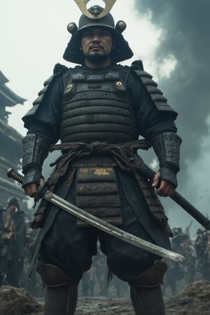 A brutal samurai stands tall on a smoky Japanese battlefield, his half-dirty face determined as he grips a katana in his right hand. The intricate details of his helmet reflect the dim light, while his scarred skin and messy hair evoke a harsh realism. His eyes burn brightly, the textures of his cornea and iris vivid. The blade of the legendary katana glistens dimly amidst the chaos, surrounded by muddy boots and period armor. A cloudy sky looms low, ambient particles suspended in the air like a soft toxic fog. The full-body pose exudes strength, as if ready to charge into battle, capturing a realism of brutal movement. Lighting and shadows create a shimmering glow that cuts through the shadows, with textures so fine they look photographic. This hyper-realistic masterpiece is a 4K work of art, perfect for the Artstation trend gallery, cinematic, epic, with great luxury of professional details, focused sharpness, realism pushed to the extreme