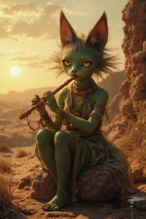 A mystical anthropomorphic  cat woman goddess creature with soft, semi-jell green skin and stunning bright yellow eyes wearing an impressive silk outfit playing a flute on a rock in the desert. The facial details are impressive, her face is pleasant and transmits peace and harmony. With a light pose she moves her body in perfect harmony with her flute, her fingers slide over the holes of the flute with great skill, a little dust moves around her gently enveloping her with the environment, the magnificent rock is surrounded by some grasses and a small puddle,clored clothes, a splendid sunset image, the bath of light on the creature enhances the magnetism of her captivating figure, a delight of contrasts and graphic beauty, a masterpiece that evokes the spirit of the desert with great professionalism, captivates the professionalism of the strokes of the illustration collecting great realism transporting us to a supernatural dimension, 8k, divine, cinematic, alive, mystical