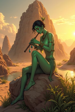 In this majestic desert scene, a mystical being with radiant green skin and piercing yellow eyes sits serenely on a rock. His flute-playing pose is fluid and elegant, as if conducted by an invisible breeze,She wears accessories, earrings, a necklace and a golden bracelet, her clothes protect her from the heat The gentle dust surrounding him harmonizes with the soothing melody, while the magnificent rock is nestled among lush grasses and a small reflective pool. As the sun sets, warm hues of orange and pink illuminate the tranquil atmosphere, transporting us to a realm of enchantment.