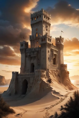 A beautiful arcane castle made entirely of sand marble and ebony with stunning realism slotting in color cloud, very realistic sand texture particles, some tiny medieval soldiers in the tower, on the coast, centered image, impressive architectural details, sunset, light reflected on the castle creating beautiful contrasts of shadows and lights, hyperrealistic style, soft beige particle environment, masterpiece, high quality, some brown and ornage contrast,soft vegetation,sharp in focus, slightly out of focus background, extremely high-resolution details, photographic, realism pushed to extreme, fine texture, incredibly lifelike

