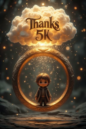 a cute Frodo Baggins, tiny yet resolute, floats serenely within Sauron's imposing One Ring, surrounded by an ethereal aura. A radiant cloud above bears the inscription Thanks 5K in bold, ornate calligraphy, glowing against a mystical celestial color backdrop. The Lord's humble attire, meticulously rendered, juxtaposes with the ring's opulent grandeur. Softly illuminated between orange and gold hues, delicate shadows accentuate textures, as Frodo's determined smile radiates peace. This 8K masterpiece masterfully blends reality and fantasy, a testament to the artistry of Tolkien's world,