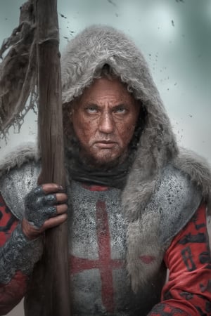 12th century medieval elite soldier holding on to a flag wood stuck in the ground, dirty face with soft bruises, expressive eyes with corneal and iris details, dirty hair, wearing period armour with minute details, realistic textured materials, battlefield, smoke and fumes all around, cloudy sky, hostile environment, carbonaceous environmental particles, face with infinite details, detailed mouth and teeth insane, agony, suffering, somewhat broken flag with very realistic woven banner moving in the wind, lightly bifumed background,hiperrealistic style,extremely high-resolution details,striking reflections of light and shadows giving great realism, photographic, realism pushed to extreme, fine texture, incredibly lifelike,photorealistic,masterpiece,8k,professional,dramatic,cinematic,full body shot,striking reflections of light and shadows giving great realism,perfect body position,35mm,HDR,natural real colors

