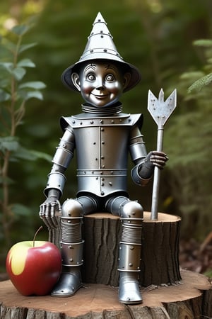 tin lumberjack ((from the Wizard of Oz)) sitting on a tree stump, made entirely of aluminum fused with tin, his entire body is metal,rivets, simple face,completely metal tin face made it,some rust,simple style body, unclothed,retro old model,an ax at his feet, holding an apple in his hand,cylindrical trunk, funnel-shaped hat, looking at the apple, extremely high-resolution details, photographic, realism pushed to extreme, fine texture, incredibly lifelike,dark eyes, happy, perfect anatomical assembly ,impressive minute details,metalic blurred fine surrounding particles,masterpiece,8k,cinematic,realism taken to the extreme,like real life,sharp focus,artstation trend,hyperrealistic style,HDR,volumetric