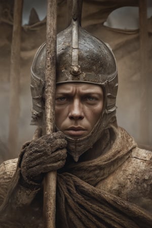 14th century medieval elite soldier holding on to a flag wood stuck in the ground, dirty face with soft bruises, expressive eyes with corneal and iris details, dirty hair, wearing period armour with minute details, realistic textured materials, battlefield, smoke and fumes all around, cloudy sky, hostile environment, soft ambient carbonaceous particles, face with infinite details, detailed mouth and teeth insane, agony, suffering, somewhat broken flag with very realistic woven banner moving in the wind, lightly bifumed background,hiperrealistic style,extremely high-resolution details,striking reflections of light and shadows giving great realism, photographic, realism pushed to extreme, fine texture, incredibly lifelike,photorealistic,masterpiece,8k,professional,dramatic,cinematic,full body shot,striking reflections of light and shadows giving great realism,perfect body position,HDR,natural real colors

