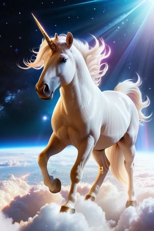 impressive unicorn floating on clouds in outer space, super detailed horn, beautiful ears, very detailed and beautiful hair, impressive and vivid bright jet eyes, white skin tone fading to beige, perfect and beautiful paws, ivory horn, impressive and perfect animal anatomy,noble, elegant, majestic, romantic, detailed background with stars, galloping and releasing flashes and trails of multicolored rays of light from their hooves, hyper-realistic style, highly detailed intrinsic and fine details, masterpiece, reality pushed to the extreme, realistic colors with soft tones,,extremely high-resolution details, photographic, realism pushed to extreme, fine texture, incredibly lifelike,8k,full body,light effects perfect,trend on artstation,cinematic,dramatic,