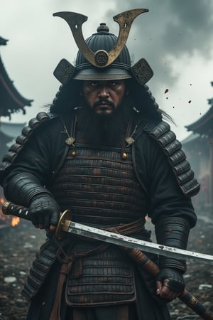 A brutal samurai stands tall on a smoky Japanese battlefield, his half-dirty face determined as he grips a katana in his right hand. The intricate details of his helmet reflect the dim light, while his scarred skin and messy hair evoke a harsh realism. His eyes burn brightly, the textures of his cornea and iris vivid. The blade of the legendary katana glistens dimly amidst the chaos, surrounded by muddy boots and period armor. A cloudy sky looms low, ambient particles suspended in the air like a soft toxic fog. The full-body pose exudes strength, as if ready to charge into battle. The lighting and shadows create a shimmering glow that cuts through the shadows, with textures so fine they look photographic. This hyper-realistic masterpiece is a 4K work of art, perfect for the Artstation trend gallery, cinematic, epic, with great luxury of professional details, focused sharpness, realism pushed to the extreme