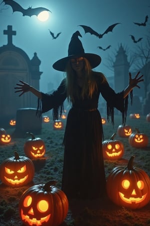 A funny witch dancing among bats and dancing pumpkins in a cemetery, her clothes are disheveled, the atmosphere is spooky but comical, a cartoonish style, the pumpkins are crazy, a funny scene, under the moonlight, the image is bathed in light that is reflected laterally