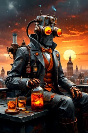 strange London gentleman style cyberrobot drinking a glass of oil, body made up of jagged pieces, pieces of different geometric shapes, digital screen eyes, facial structure of small parts assembled with wheels, valves and pulleys,without clothes, just a jacket,impressive futuristic engineering, has a monocle, body elements rusty and with some rust, hyper-realistic material texture, sitting on a rooftop , apocalyptic background, smoke,luminiscense neon orange red and yelow, gray clouds crossed by faint solar rays, small particles of dust floating in the environment spirally, cyberpunk style, hat mechanical,hyperrealism, reality pushed to the extreme, fine minute details and high graphic quality, masterpiece, 8k, cinematic, dramatic, enveloping, realistic tones, gloomy and sad atmosphere,trending on artstation
