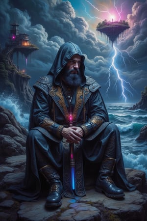 An oil painting captures an otherworldly scene: a mystical figure sits serenely on a rock, surrounded by swirling clouds and turbulent ocean waters illuminated by lightning. Soft bioluminescence from floating islands casts a kaleidoscope of colors across his hooded face, juxtaposed with the rugged lines of his visage. Intricate brushstrokes adorn his robes with glowing runes and neon accents. Mythical creatures, hybridized with futuristic drones, dance around him. The mystical aura is heightened by dramatic lighting, evoking Caravaggio's chiaroscuro, as the protagonist's contemplative posture blends seamlessly with the landscape.