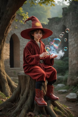 The whimsical cute amazing wizard's apprentice perches atop an ancient tree stump, velvet robe flowing like mist around him. His pointed hat with printed sun emblem reflects afternoon sunlight, casting warm glow on mystical scent emanating from attire. Curious eyes sparkle as he experiments with colorful spells amidst bubbles and clouds, fingers deftly weaving magic. In the blurred background, crumbling ruins harmonize with serene landscape, while 13th-century Turkish-style pointy red arcane boots set playful pace, encapsulating carefree essence of this fantastical scene.