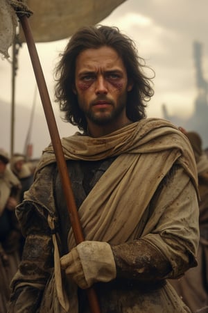 11th century medieval elite soldier holding on to a flag wood stuck in the ground, dirty face with soft bruises, expressive eyes with corneal and iris details, dirty hair, wearing period armour with minute details, realistic textured materials, battlefield, smoke and fumes all around, cloudy sky, hostile environment, soft ambient carbonaceous particles, face with infinite details, detailed mouth and teeth insane, agony, suffering, somewhat broken flag with very realistic woven banner moving in the wind, lightly bifumed background,hiperrealistic style,extremely high-resolution details,striking reflections of light and shadows giving great realism, photographic, realism pushed to extreme, fine texture, incredibly lifelike,photorealistic,masterpiece,8k,professional,dramatic,cinematic,full body shot,striking reflections of light and shadows giving great realism,perfect body position,HDR,natural real colors

