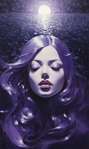 PURPLE PAPER"SIREN'S FULL BODY  Token,A shimmering ocean reflecting moonlight, with a celestial motif and silver dust lingering. The soft hum of the night whispers, as if the moon itself mourns their victims"" neo-expressionist oil paint, centred, half shot posing portrait by hajime sorayama