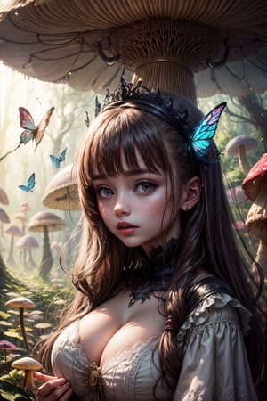 "Magical encounter, closeup young girl exploring, gigantic mushroom, ethereal butterflies, misty wonderland, enchanting details"