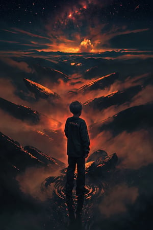 little boy, his back to the viewer,  the sky is full of huge planet, night, galaxy, cinematic view, cinematic angle, cinematic light,LODBG,EpicSky