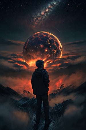 little boy, his back to the viewer,  the sky is full of huge planet, night, galaxy, cinematic view, cinematic angle, cinematic light,LODBG,EpicSky