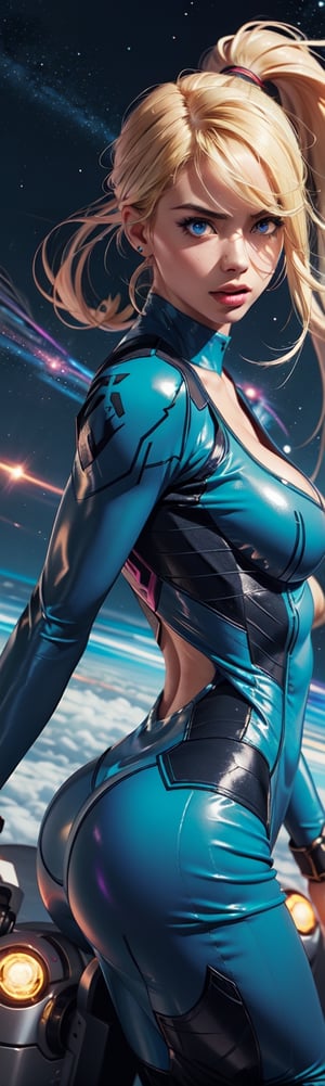 ((masterpiece, best quality)), Samus Aran, Adriana Lima, tight blue bodysuit, sexy, curvy body, Cleavage, full lips, blonde hair in ponytail, detailed face,perfect eyes, clear blue eyes, detailed hands,light background,mix of Space station and realistic elements,vibrant manga,uhd picture , crystal translucency, vibrant artwork,dynamic pose, action pose, lightning in the background,perfecteyes,samus aran,ponytail