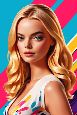 margot robbie Barbie movie poster, symetrical, vector illustration, Leonardo Style,tshirt design,oni style, color splash, inkstrike (splatoon), ribbons, vibrant, full figure, 