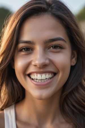 Portrait of a Mariana Neves, easy smile, space or gap between two teeth, Shot on Nikon D750, Direct Sunlight,  photorealistic, high resolution, photo, photographic, hyper realistic, photorealistic, highly detailed