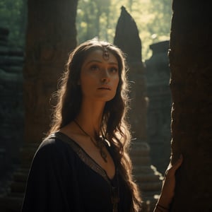 a beautiful witch in an ancient temple in a forest, very beautiful face, dappled sunlight, Direct Sunlight, cinematic, photorealistic, film style, Kodak film, film look, high resolution, photo, photographic, hyper realistic, photorealistic, highly detailed