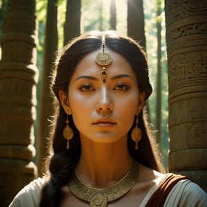 a beautiful priestess in an ancient temple in a forest, very beautiful face, dappled sunlight, Direct Sunlight, cinematic, photorealistic, film style, Kodak film, film look, high resolution, photo, photographic, hyper realistic, photorealistic, highly detailed