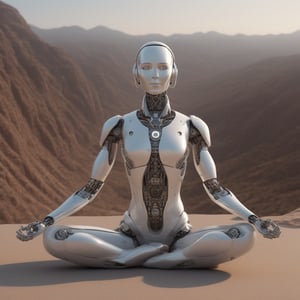 female robot in yoga pose, beautiful landscape, intricate, elegant, highly detailedt, highly detailed, lifelike, cinematic, photorealistic, Movie Still