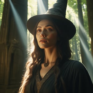 a beautiful witch in an ancient temple in a forest, very beautiful face, dappled sunlight, Direct Sunlight, cinematic, photorealistic, film style, Kodak film, film look, high resolution, photo, photographic, hyper realistic, photorealistic, highly detailed