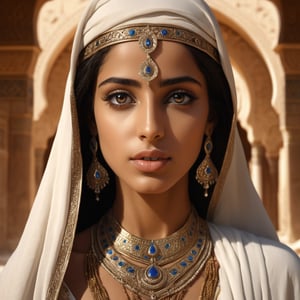 A very beautiful arabian princess in a sacred temple, very detailed eyes, detailed skin, cinematic, film frame, film style, Kodak film, film look, high resolution, photo, photographic, hyper realistic, photorealistic, highly detailed