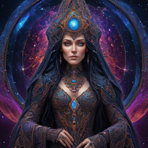 Cosmic sorceress, nebulas, galactic, hyperdetailed intricately detailed gothic art, triadic colors, deep color, fantastical, intricate detail, splash screen, complementary colors, 8k resolution, gothic,  masterpiece, fantasy, Movie Still