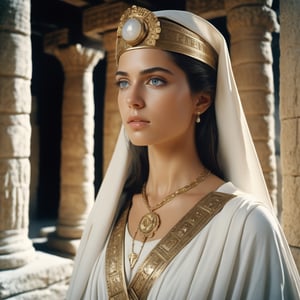 A very beautiful greek princess wearing a priestly garb in a ancient stone temple, godness look, Glowing Quartz Pearlescent details, very detailed eyes, detailed skin, Fujifilm Superia, cinematic, film frame, film style, Kodak film, film look, high resolution, photo, photographic, hyper realistic, photorealistic, highly detailed