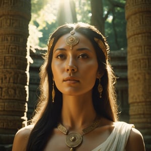 a beautiful priestess in an ancient temple in a forest, very beautiful face, dappled sunlight, Direct Sunlight, cinematic, photorealistic, film style, Kodak film, film look, high resolution, photo, photographic, hyper realistic, photorealistic, highly detailed