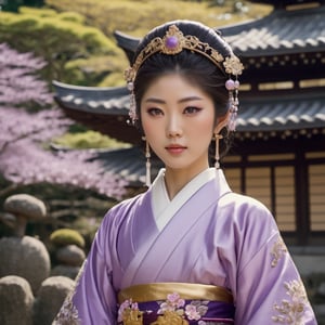 A very beautiful japanese princess wearing traditional costume in a buddhist garden, traditional costume, Glowing Amethyst Pearlescent details, very detailed eyes, detailed skin, cinematic, film frame, film style, Kodak film, film look, high resolution, photo, photographic, hyper realistic, photorealistic, highly detailed