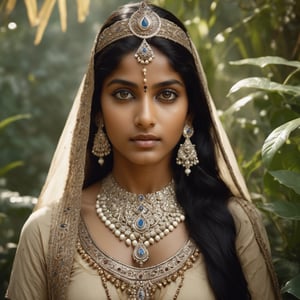 A beautiful indian princess in a sacred garden, very detailed eyes, detailed skin, cinematic, film frame, film style, Kodak film, film look, high resolution, photo, photographic, hyper realistic, photorealistic, highly detailed