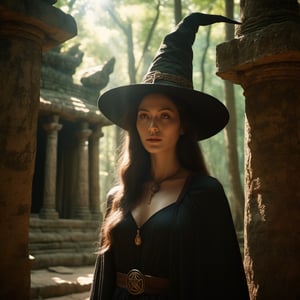 a beautiful witch in an ancient temple in a forest, very beautiful face, dappled sunlight, Direct Sunlight, cinematic, photorealistic, film style, Kodak film, film look, high resolution, photo, photographic, hyper realistic, photorealistic, highly detailed