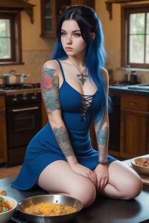 Photo of a 18 year old girl, southern girl, leaning over, full body shot, ass shot, full body tattoos, wearing blue sun dress, fat ass, perfect face, strong jaw,  big titty goth gf, no make up, perfect face, black long hair, detailed face, detailed mansion background, cooking food, apocalyptic, hourglass body, wifey,