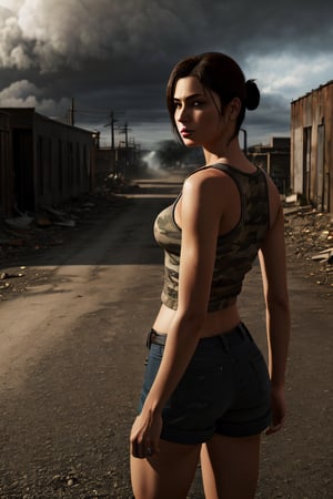 Photorealistic, resident evils jill valentine, facial portrait, sexy stare, smirked, camo tank top, black short shorts, combat boots, apocalyptic streets, cloudy sky, from behind, shotgun on hand 