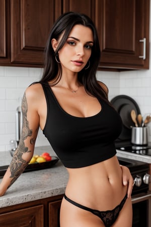 perfect gf, black tank top, panties, stylish girl, cute, mother of my kids, realism, realisitc, hd, 8k, photorealistic, big titties, detailed tits, lots of dark tattoos, innocent, virgin but knows how to suck cock,  dark hair, detailed face, detailed nose, nose ring, perfect nose, oval chin, religious girl, christian, wifey, in the kitchen cooking me a steak, rich house, rich