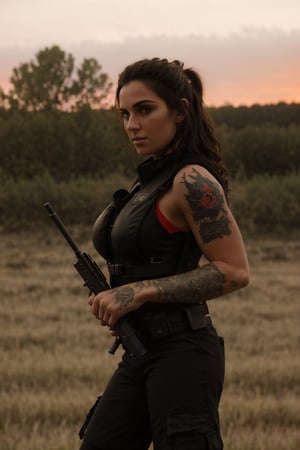 badass mfer, jacked, militia gear, holding gun, tattoos, bulletproof vest, woods, wildfire, field, red sky, from beind, with 10 out of 10 gf, hot girls, detailed nose, detailed face, big ass, big tits, black hair,