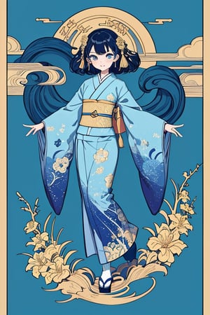 masterpiece, best quality, 1girl, flowers, flat color, lineart, full body, (abstract), ornate, japanese decorations, (((gold and blue theme))),