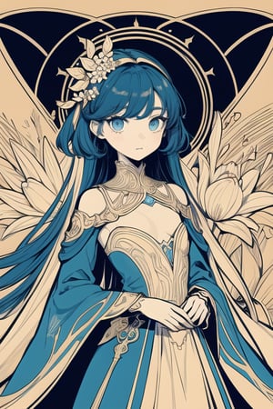 masterpiece, best quality, 1girl, flowers, flat color, lineart, abstract, ornate, gold and blue theme,