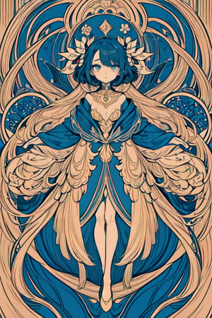 masterpiece, best quality, 1girl, flowers, flat color, lineart, abstract, ornate, gold and blue theme,