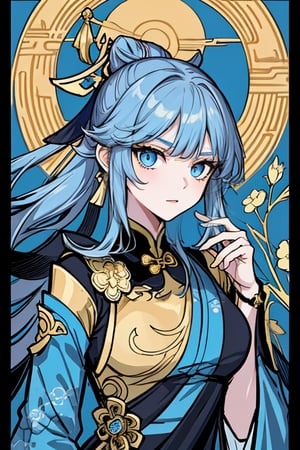 masterpiece, best quality, 1girl, flowers, flat color, lineart, (abstract), ornate, japanese decorations, (((gold and blue theme))), rond shape border, Ningguang face, ningguangdef,ningguang(genshin impact)
