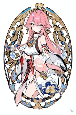 masterpiece, best quality, 1girl, flowers, flat color, lineart, abstract, ornate, ((gold and blue theme)), rond shape border, yae Genshin, (((pink hair))),yaemikodef,Yae miko