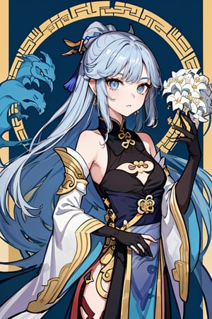 masterpiece, best quality, 1girl, flowers, flat color, lineart, (abstract), ornate, (((gold and blue theme))), rond shape border, Ningguang face, ningguangdef,ningguang(genshin impact)