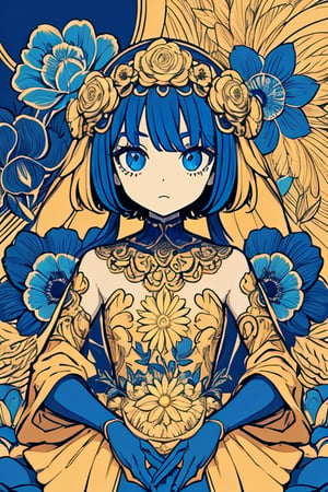 masterpiece, best quality, 1girl, flowers, flat color, lineart, abstract, ornate, gold and blue theme