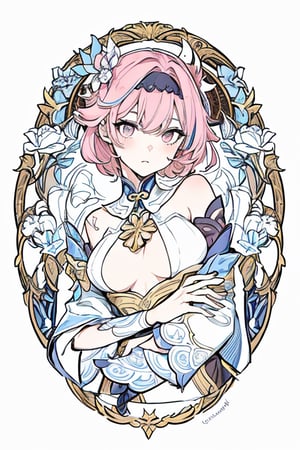 masterpiece, best quality, 1girl, flowers, flat color, lineart, abstract, ornate, ((gold and blue theme)), rond shape border, Eula Genshin, (((pink hair))),