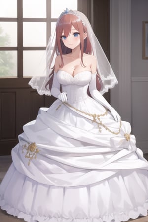 gloves, dress, cleavage, bare shoulders, collarbone, elbow gloves, white gloves, white dress, strapless, tiara, veil, strapless dress, wedding dress, bridal veil, full body ,Miku nakano 