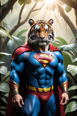 A raw photo of a realistic tiger, (wearing Superman costume), fur, jungle backdrop, trees, plants, flowers, sunlight 32k UHD