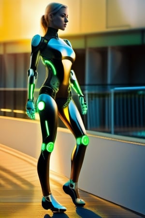 Blonde woman,, beautiful face, green eyes, natural legs,, 2 robotic arms,, standing, half suit,, cyborg arms, light smoke in the background, golden hour sunshine, excellent detail, 5k photo quality, vivid details 