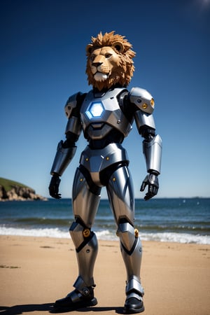 3d character cute lion-man wearing a cyborg suit, Robit body standing, beach set, cinematic effect 8k, luminism, concept art, anthropomorphic, details, intricately detailed, cinematic, Isometric Centered hyperrealistic cove r photo awesome full color, golden ratio, minimali stic. concert art. intricate details. hiah resolution, picturesque landscape background, sci-fi 